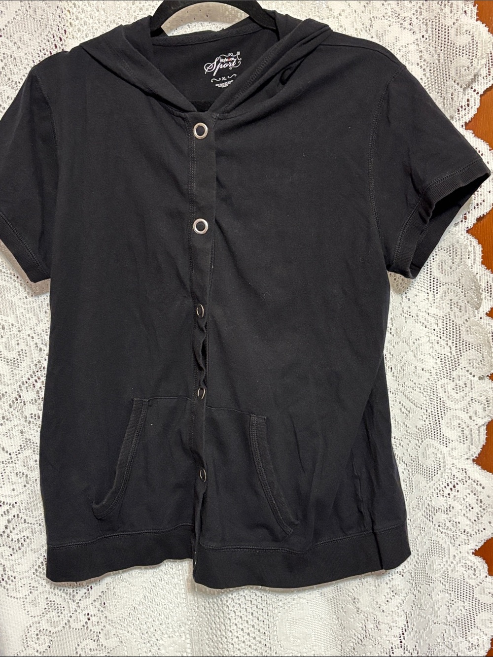 Style & Co Black Short-Sleeve Button-Front women’s Snap front Hoodie